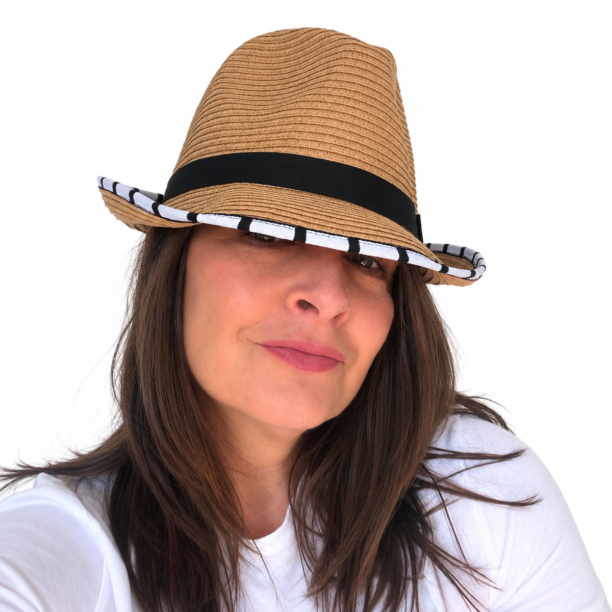Opposites Attract tan woven hat with black band and striped brim trim worn by brunette woman facing right
