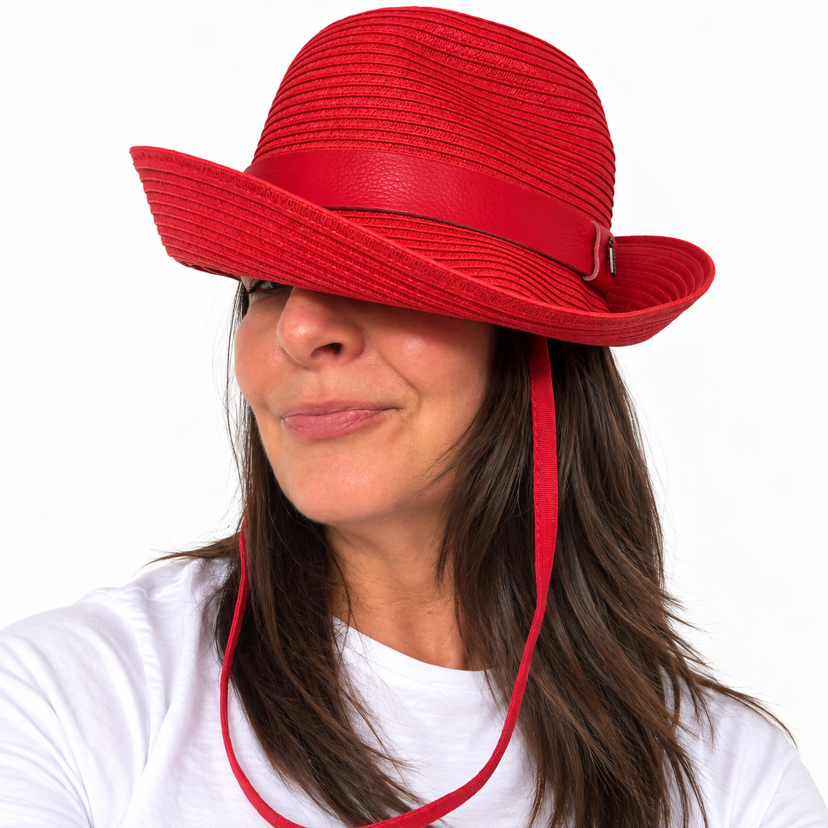 Just Cruising So Racy red paper ribbon sun hat styled for relaxed everyday wear.
Copy alt text