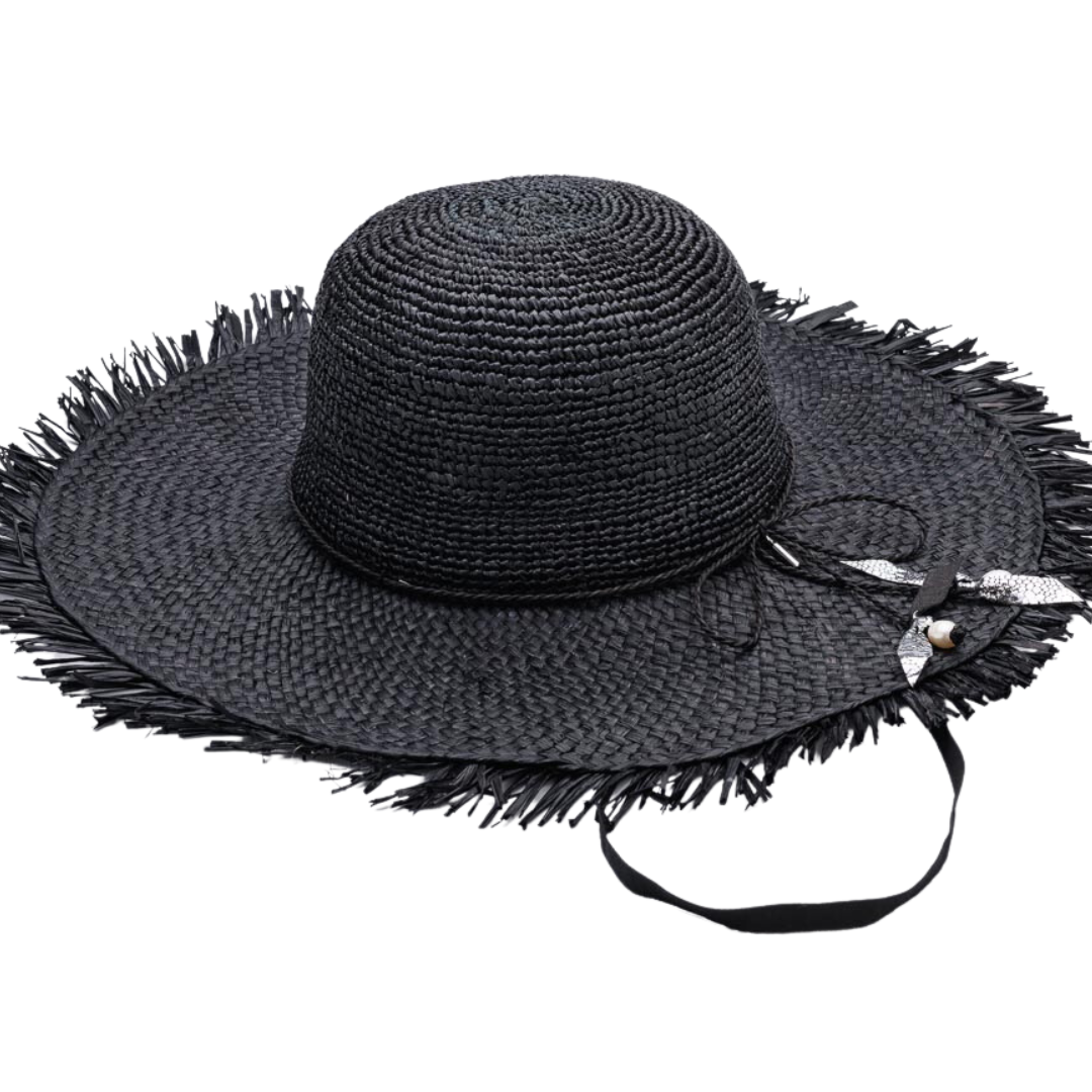DREAM BIG, Handwoven Raffia Fibre and Freshwater Pearls Hat - UPF 50+, BLACK