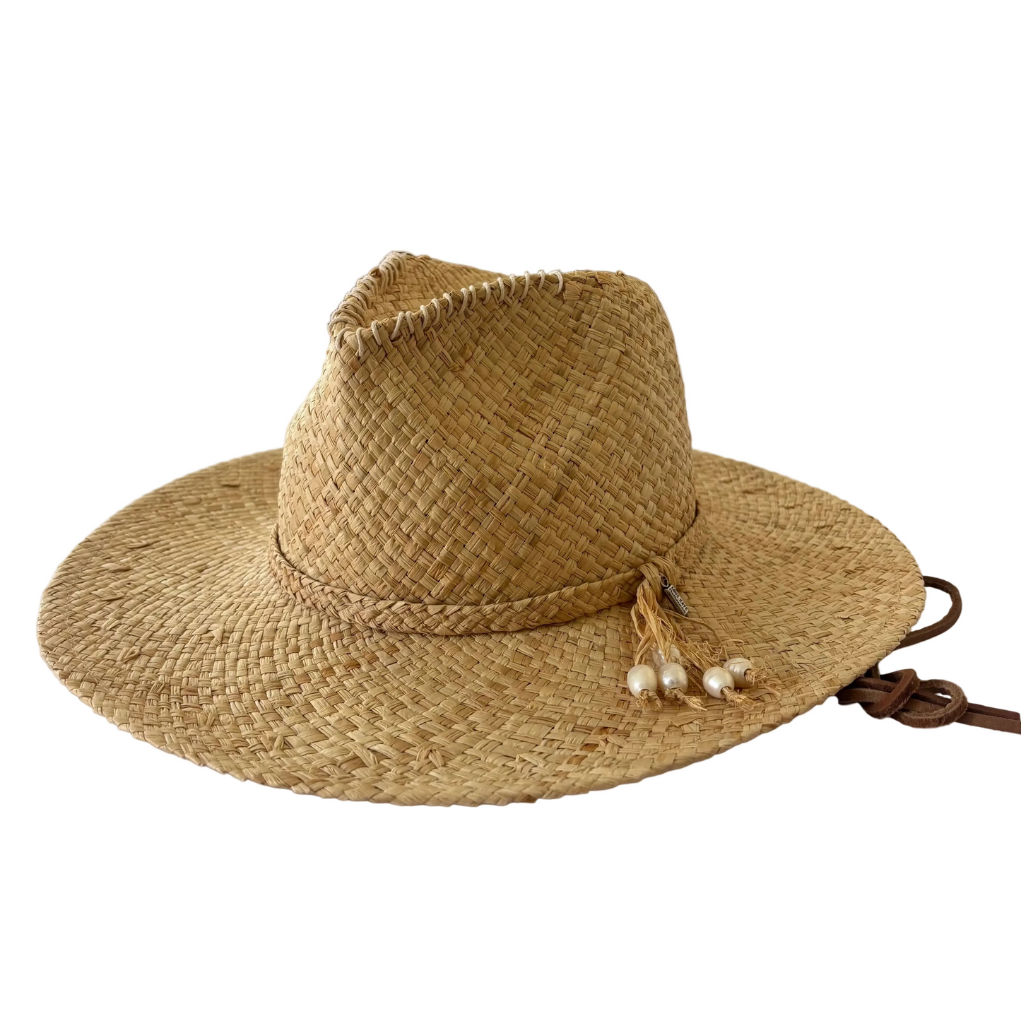 Dive For It handwoven natural raffia sun hat with freshwater pearls and leather chinstraps