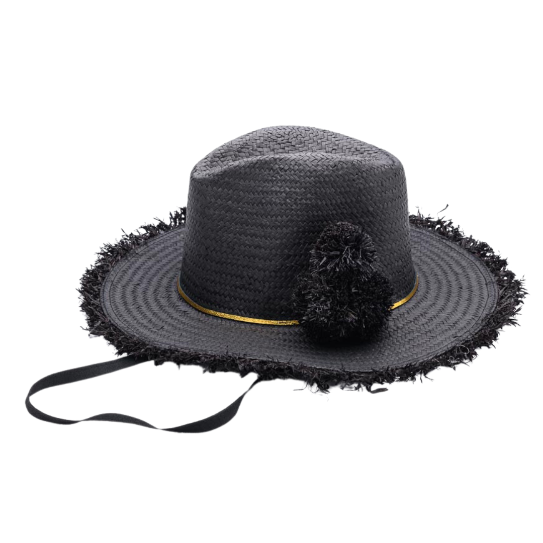 HAPPY on the Fringe, Handwoven Paper Hat - Black/ Gold UPF 50+