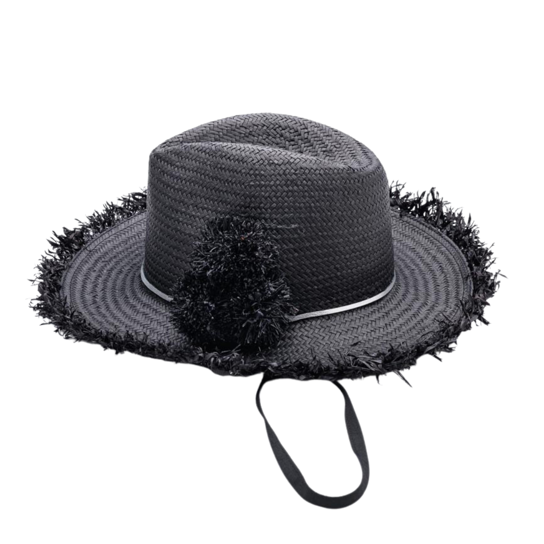 HAPPY on the Fringe, Handwoven Paper Hat - Black/ Silver UPF 50+