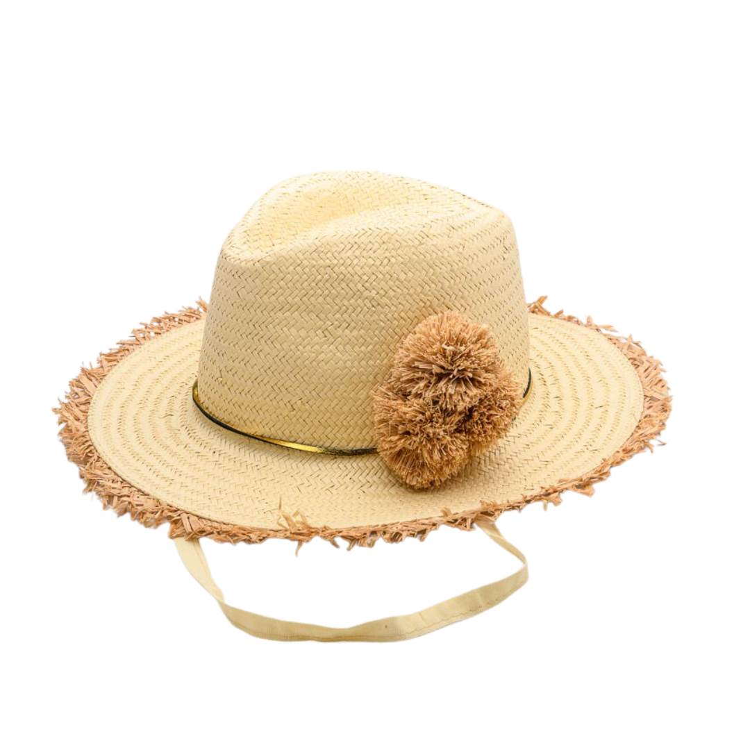 HAPPY on the Fringe, Handwoven Paper Hat - Natural/ Gold UPF 50+