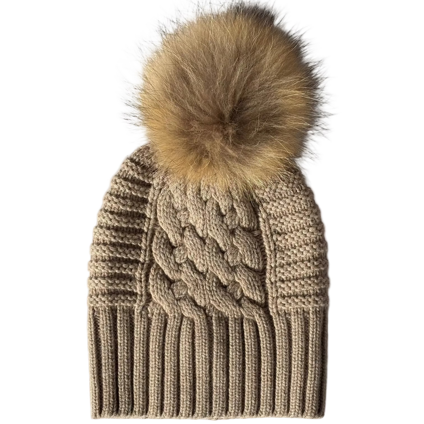 Up For Anything Biscuit 100% pure Merino wool jumbo cable and rib beanie with detachable raccoon fur pom pom