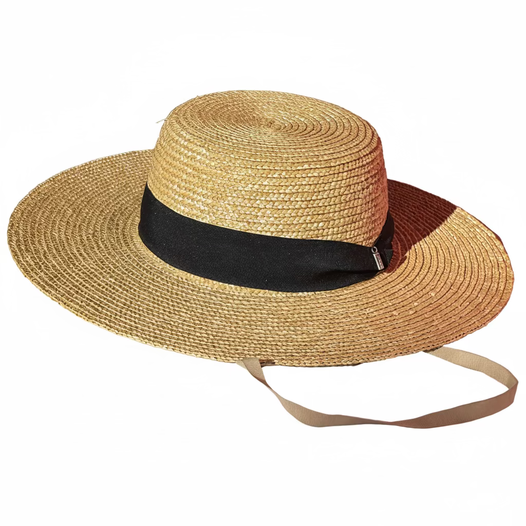 Got YOU Covered wide-brim natural wheat straw boater hat with black grosgrain band and tonal chinstrap