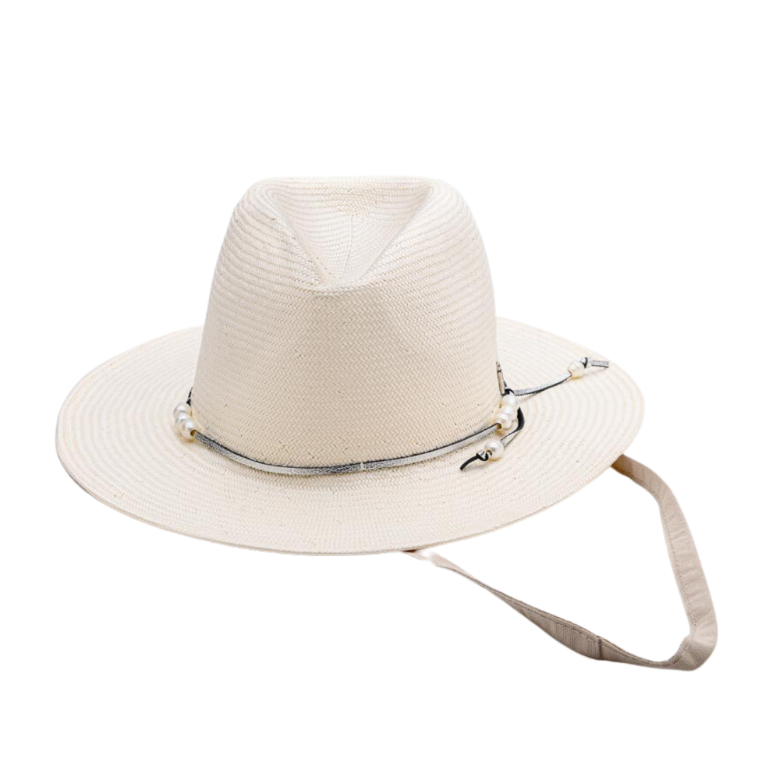Island LUXE DELUXE, Handwoven Waxed Paper Hat with Genuine Leather and Fresh Water Pearls - UPF 50+
