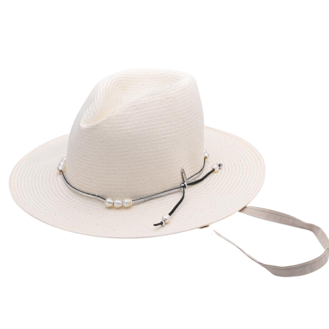 Island LUXE DELUXE, Handwoven Waxed Paper Hat with Genuine Leather and Fresh Water Pearls - UPF 50+