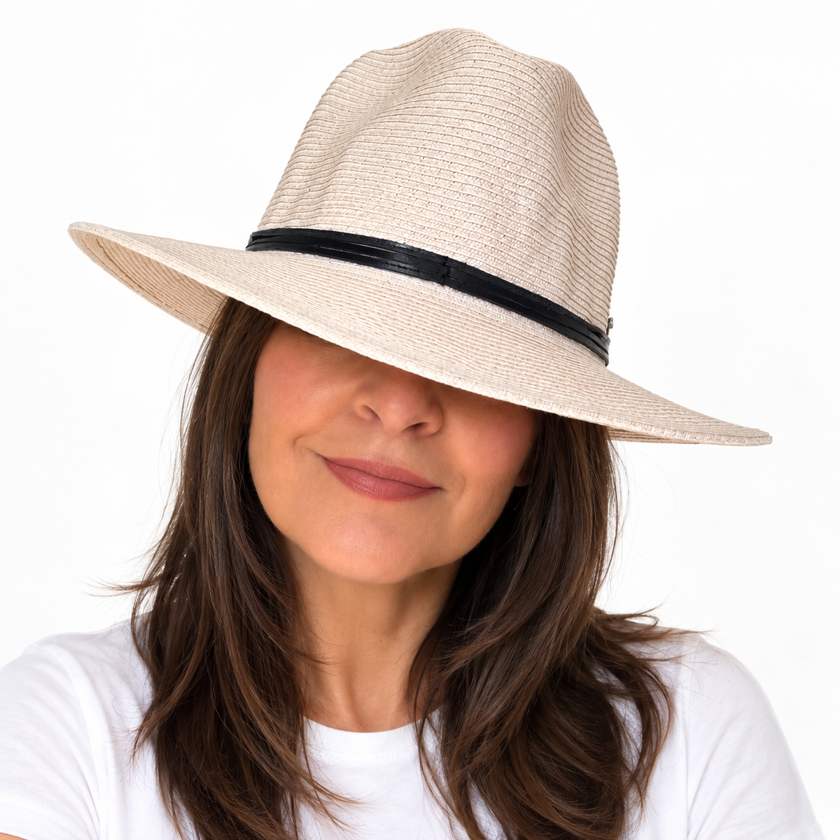 Brunette IN Going places Tickled Pink Travel Hat Head tilt