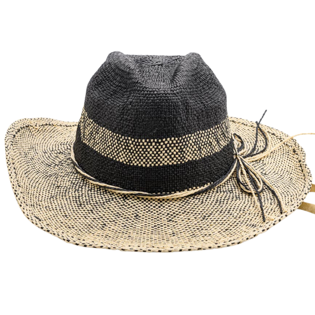 Let's GO, Handwoven Two Tone Natural and Black Paper Hat - UPF 30, BLACK