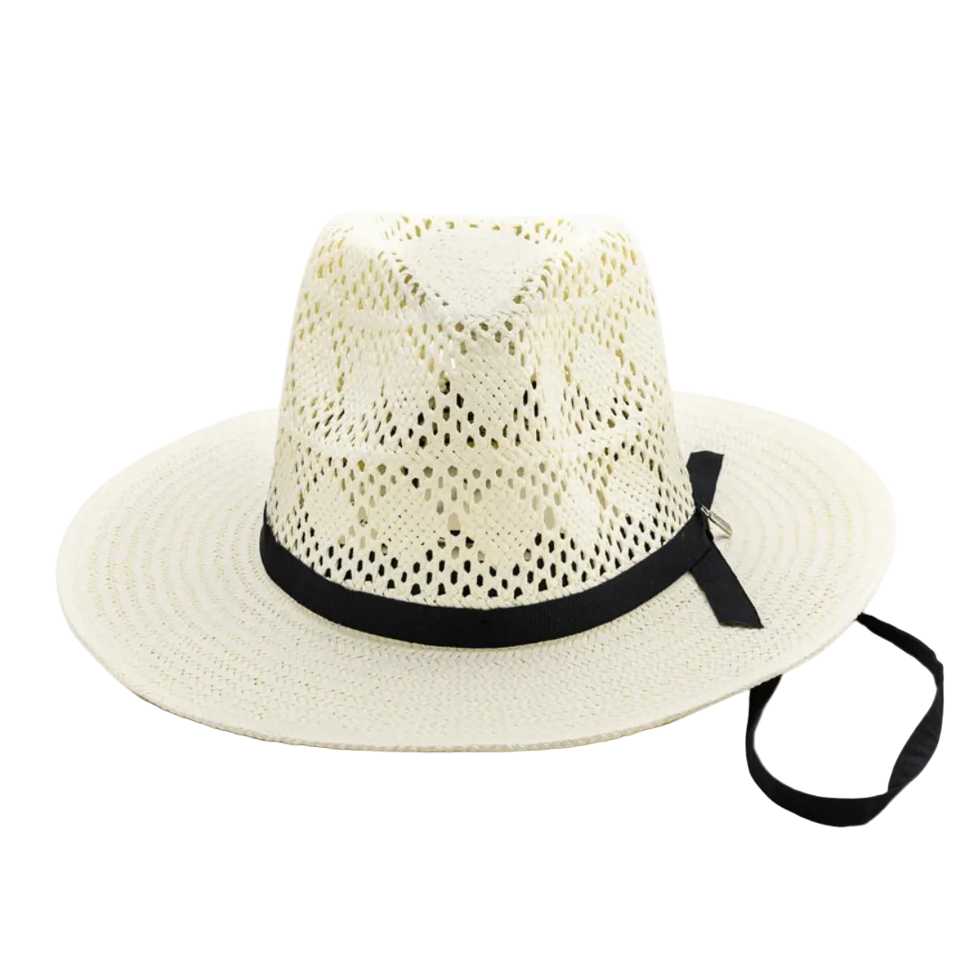 Lovelace handwoven paper ribbon hat with wide brim and black grosgrain trim