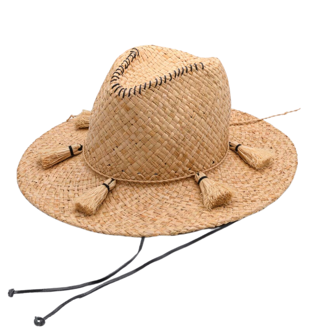 Pinch ME x, Handwoven Pure Raffia Fibre Hat with genuine leather chinstraps - UPF 50+