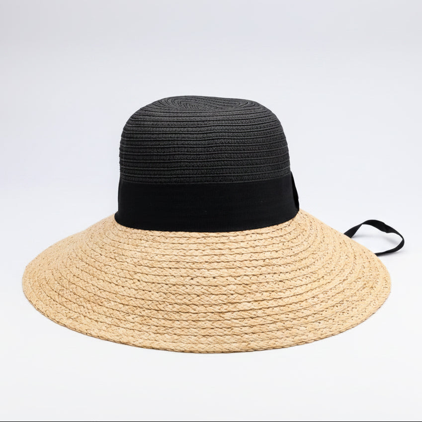 Relax. I’ve Got Your Back — natural raffia and paper wide-brim hat with black grosgrain ribbon and chinstrap