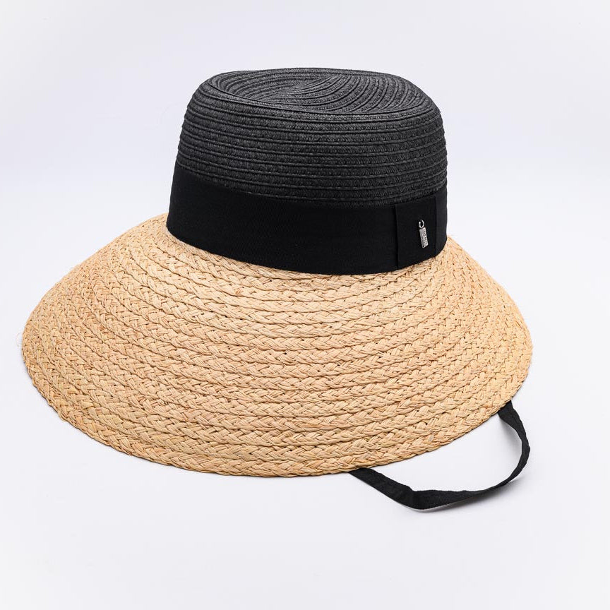 Relax. I’ve Got Your Back — natural raffia and paper wide-brim hat with black grosgrain ribbon and chinstrap