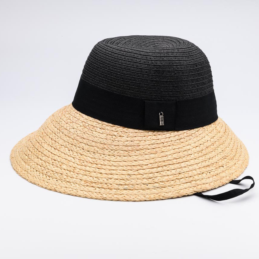 Relax. I’ve Got Your Back — natural raffia and paper wide-brim hat with black grosgrain ribbon and chinstrap