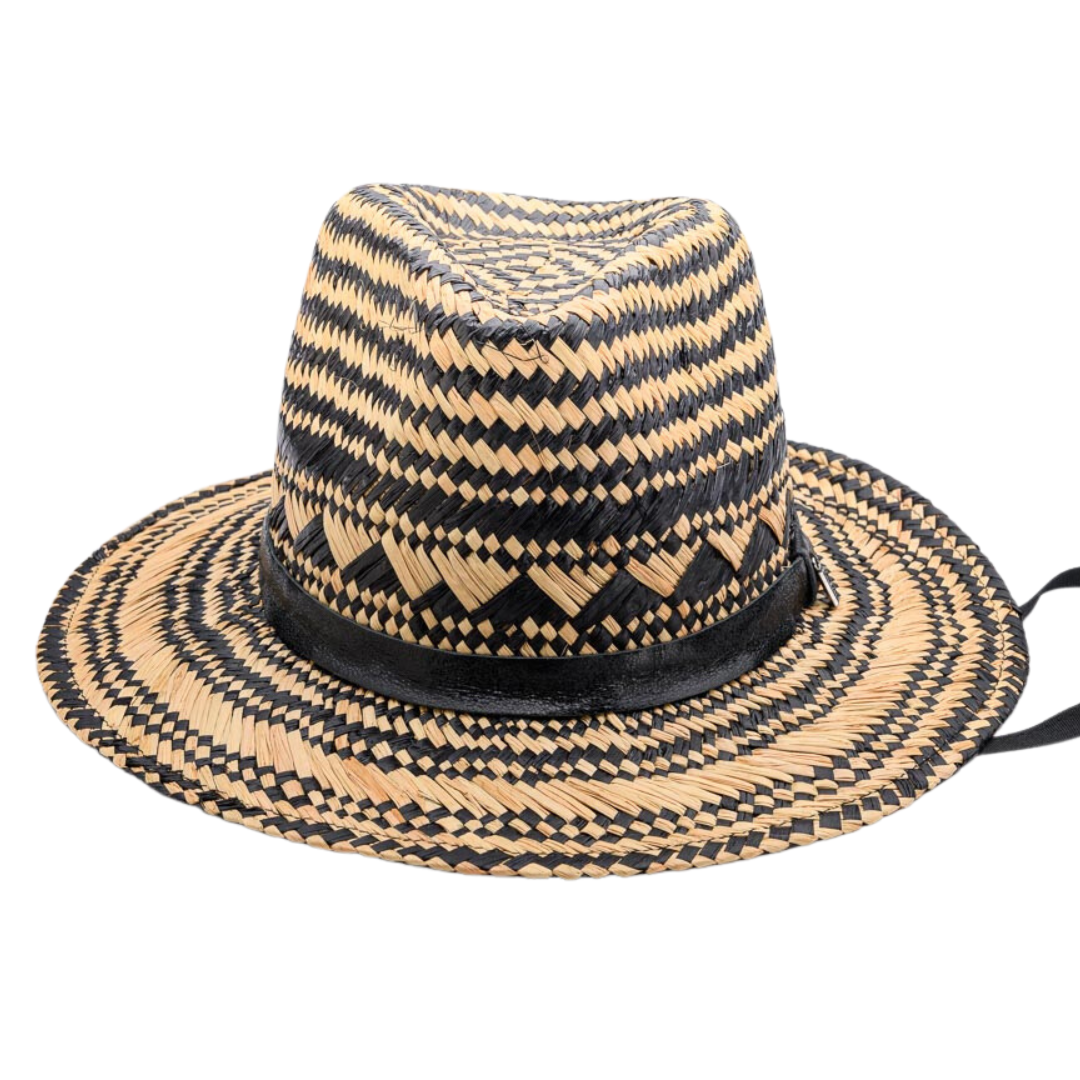 Summer LOVIN', Handwoven Raffia Fibre and Genuine Black Metallic Leather Hat - UPF 50+