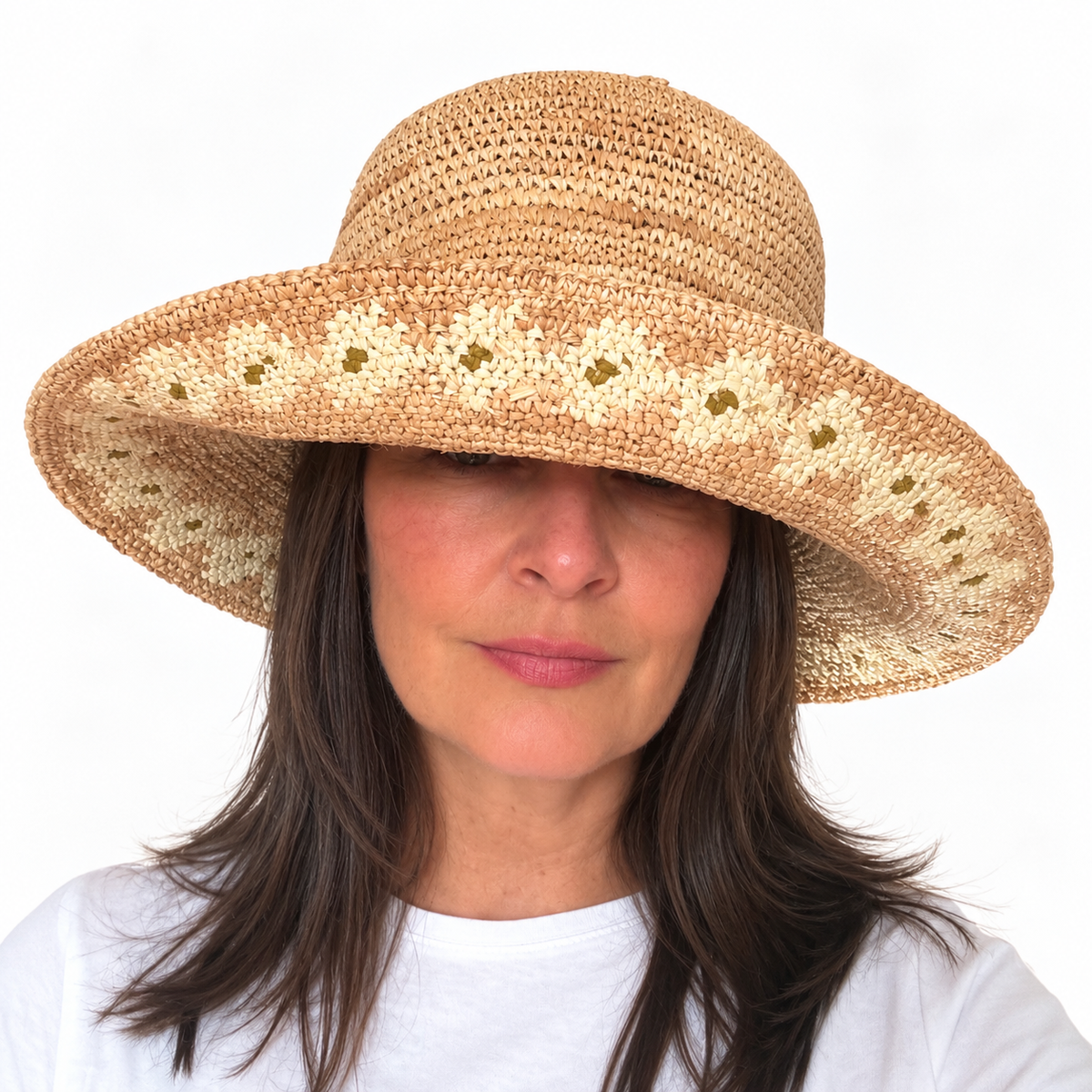She loves me, he loves me handwoven raffia fibre hat worn with brim folded back