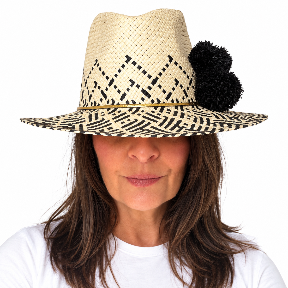 That's gold handwoven paper ribbon hat with gold leather band and handmade raffia pom poms front on