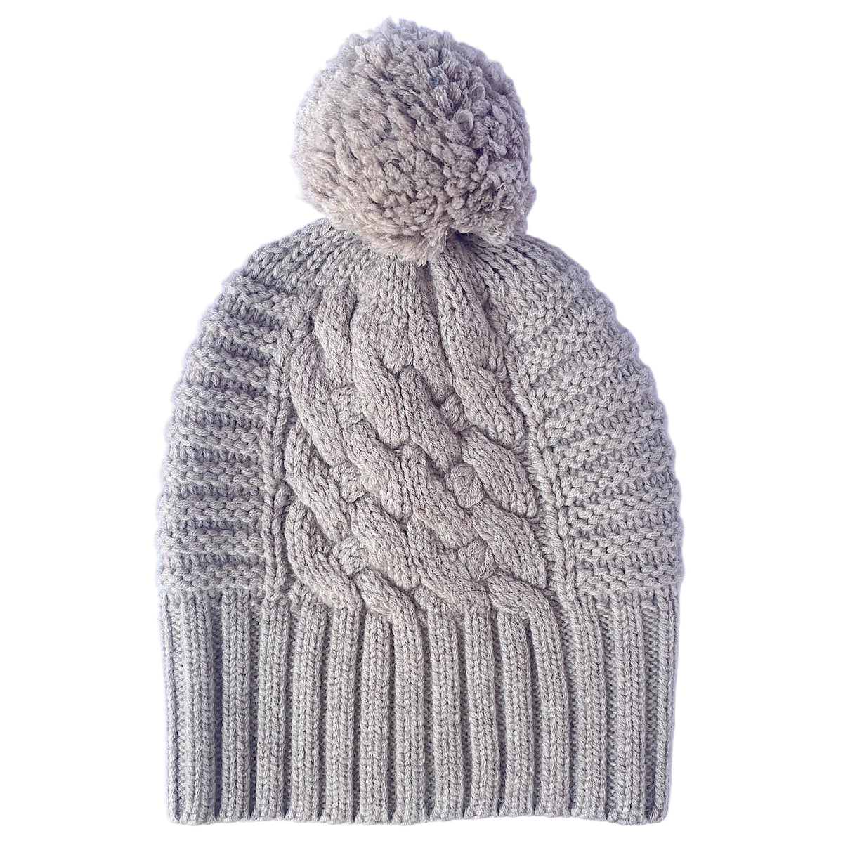 Up For Anything Biscuit 100% pure Merino wool jumbo cable and rib beanie with detachable Merino pom pom