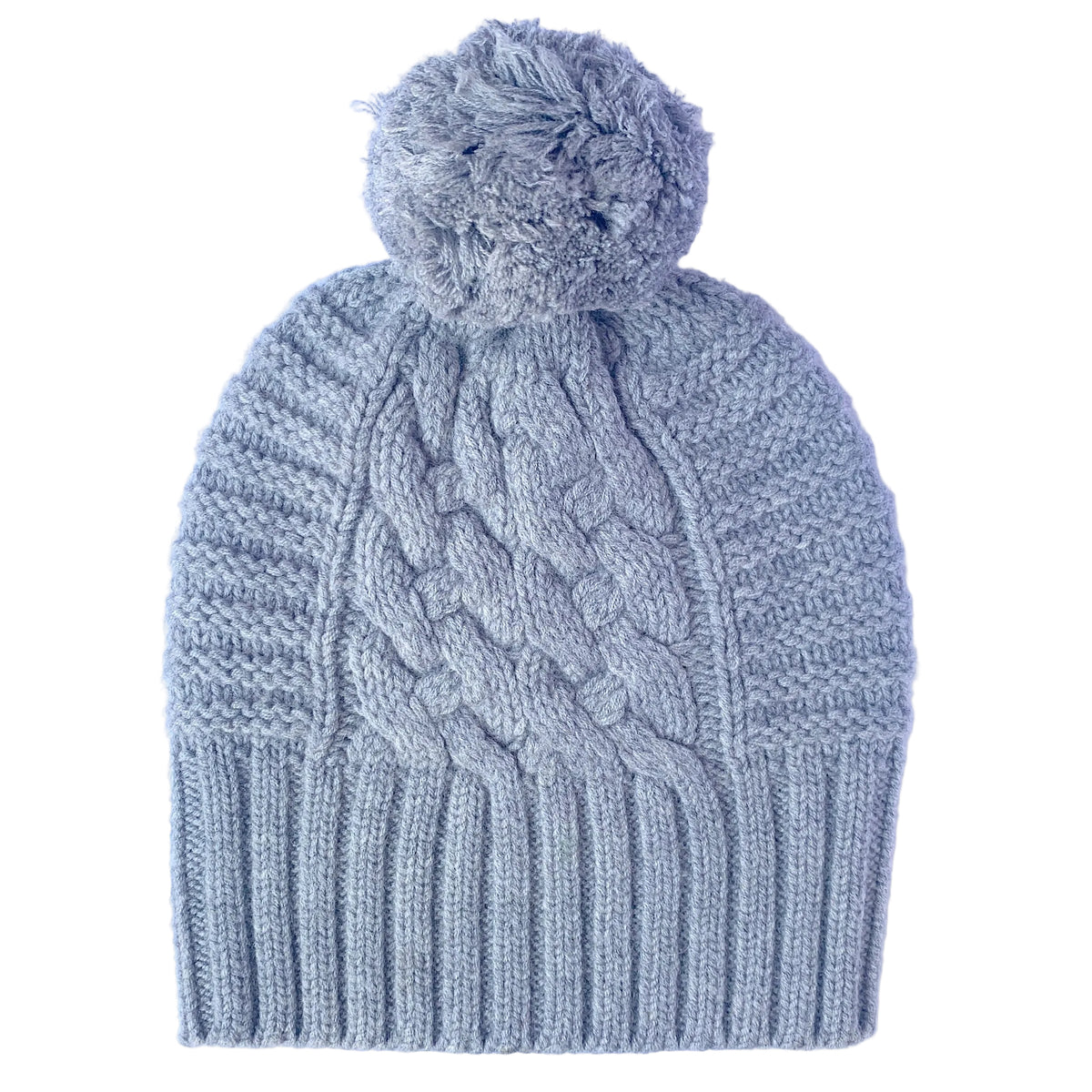 Up For Anything Dove Grey 100% pure Merino wool jumbo cable and rib beanie with detachable Merino pom pom