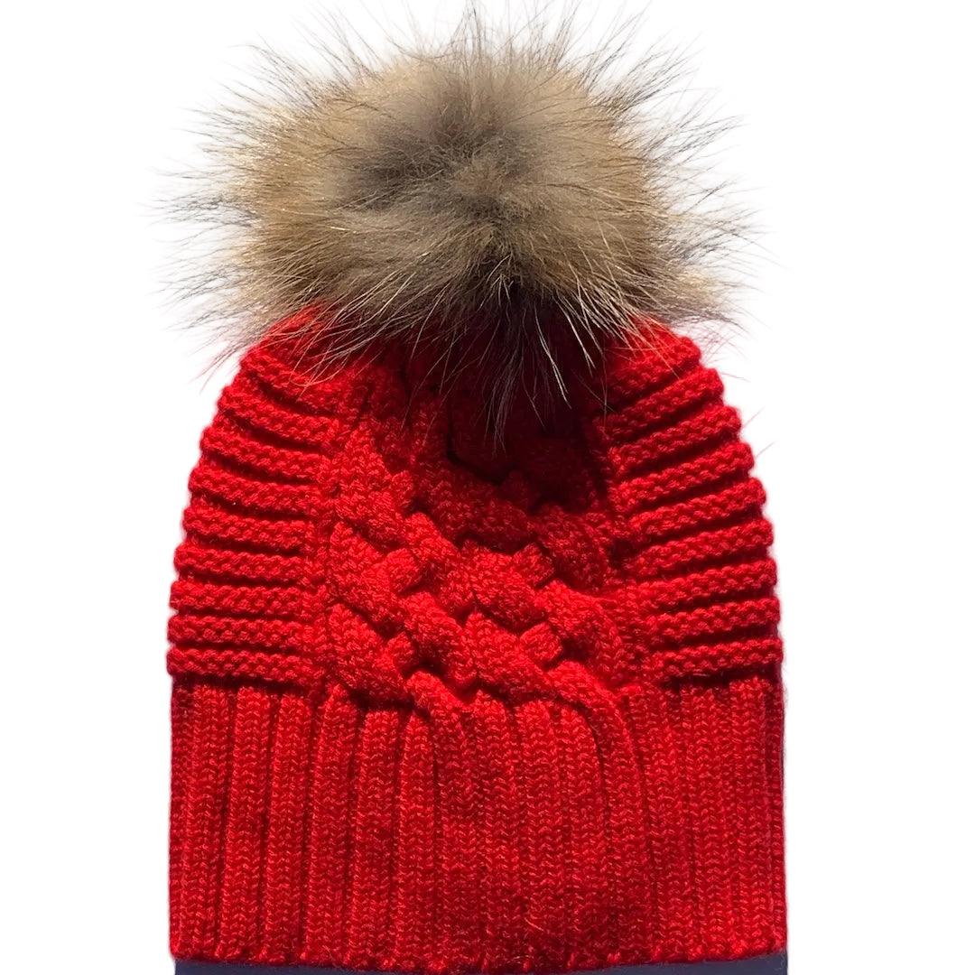 Up For Anything So Racy Red 100% pure Merino wool jumbo cable and rib beanie with detachable raccoon fur pom pom