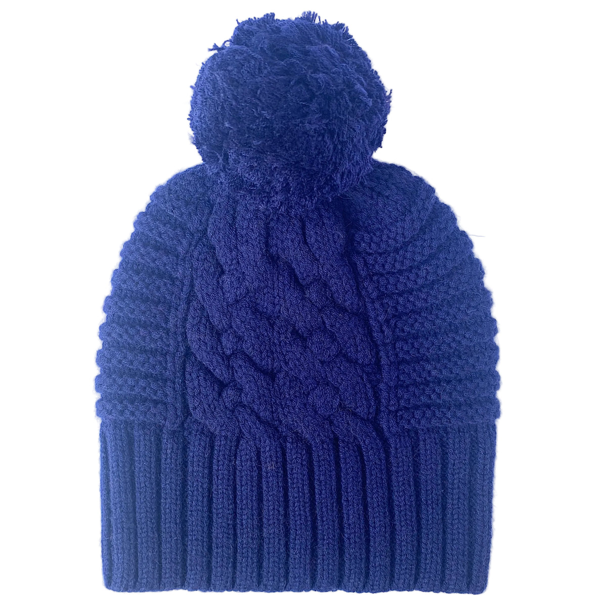 Up For Anything Dark Denim Blue 100% pure Merino wool jumbo cable and rib beanie with detachable Merino pom pom