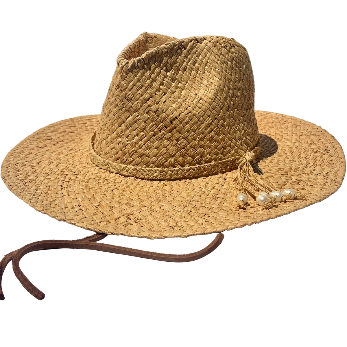 Dive For It handwoven natural raffia sun hat with freshwater pearls and leather chinstraps