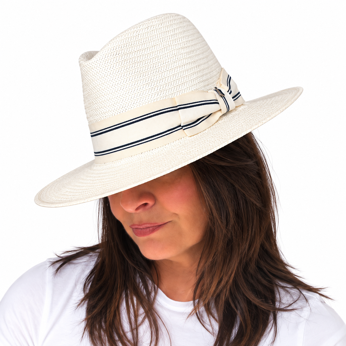 island luxe dandy handwoven waxed paper ribbon hat with bespoke striped grosgrain ribbon side angle