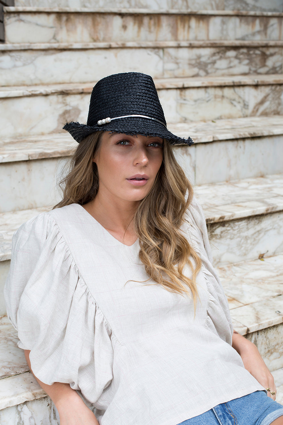 Girly PEARLY, Raffia Fibre with Handcut Fringing and Fresh Water Pearls Hat