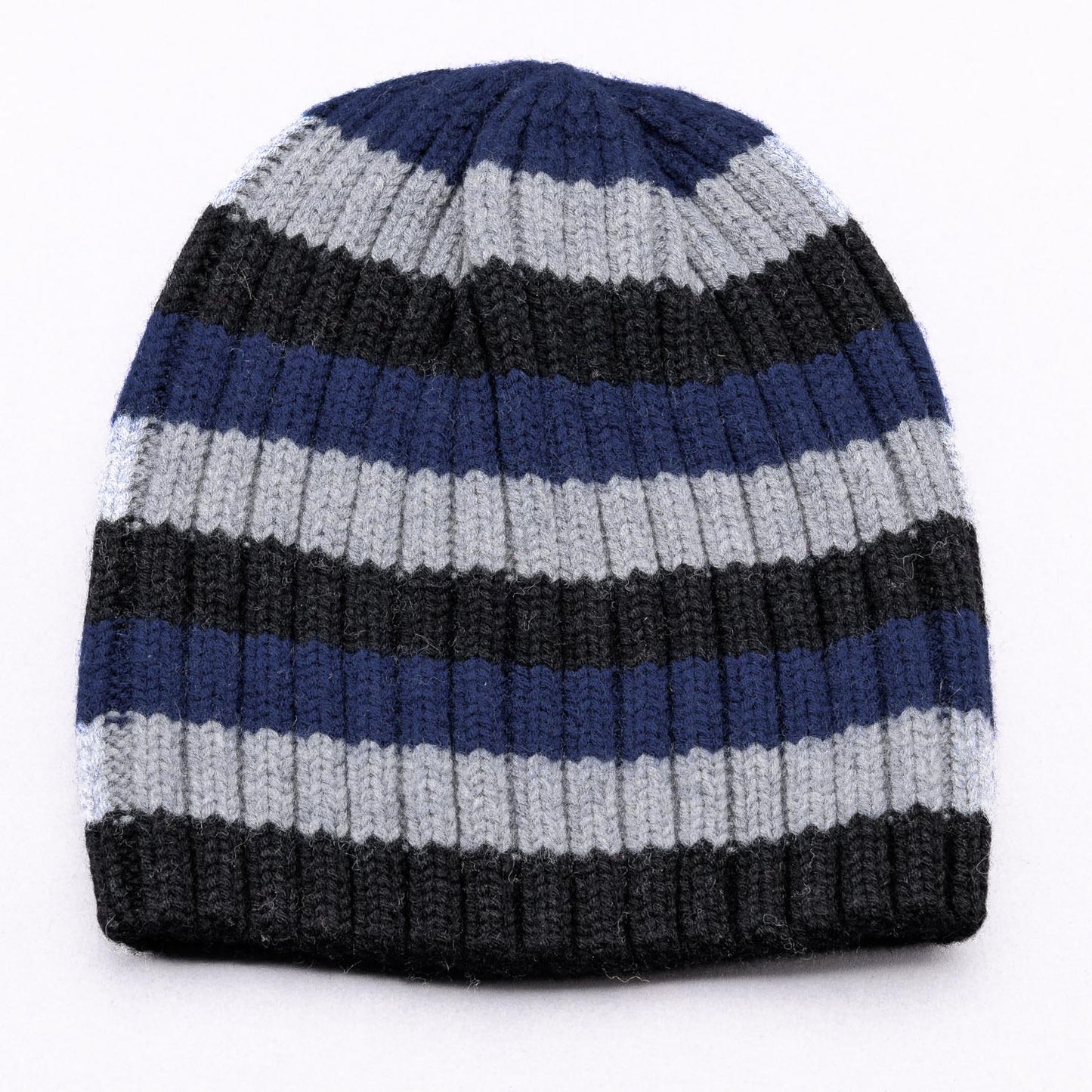1, 2, 3. GO! Jumbo Rib Trio Stripe Pure Merino Wool Beanie - Dark Denim Blue