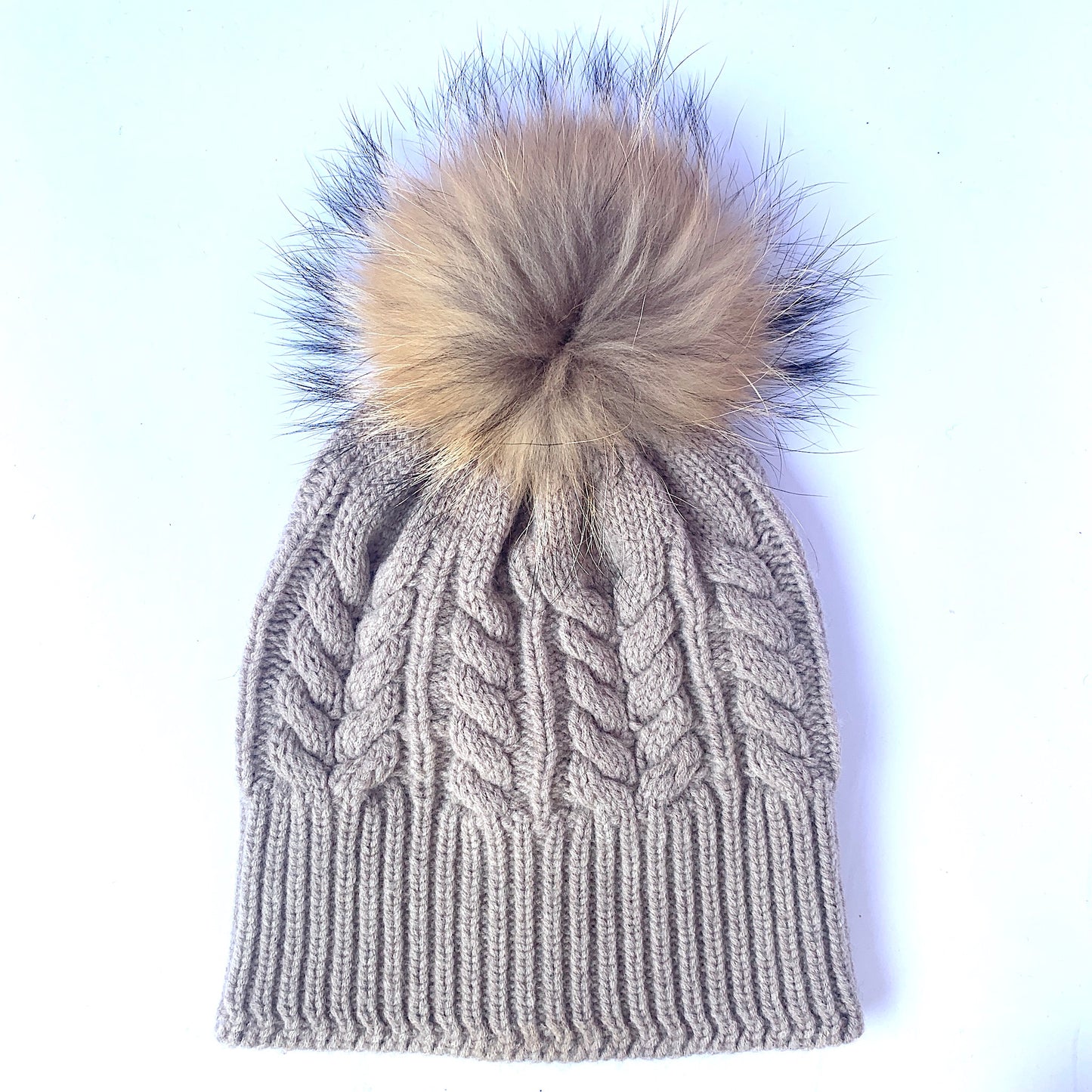 Absolutely. I'M in! 100% Pure Merino Wool Jumbo Cable Beanie with detachable Raccoon Fur Pom Pom, Biscuit