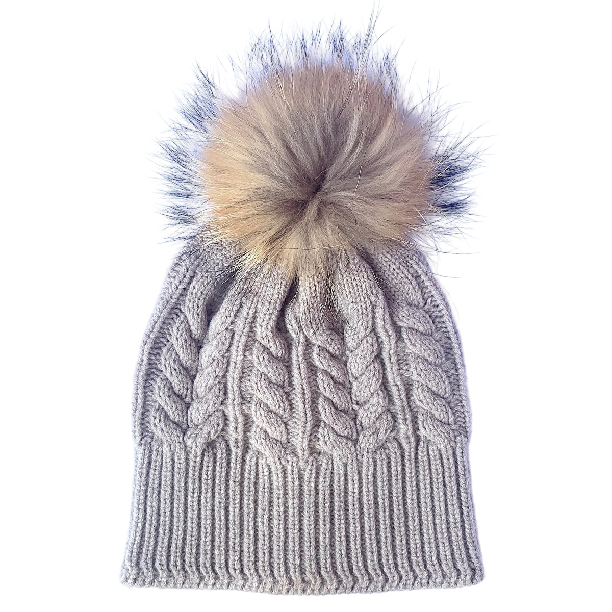 Absolutely I'm In Biscuit 100% pure Merino wool jumbo cable beanie with detachable raccoon fur pom pom