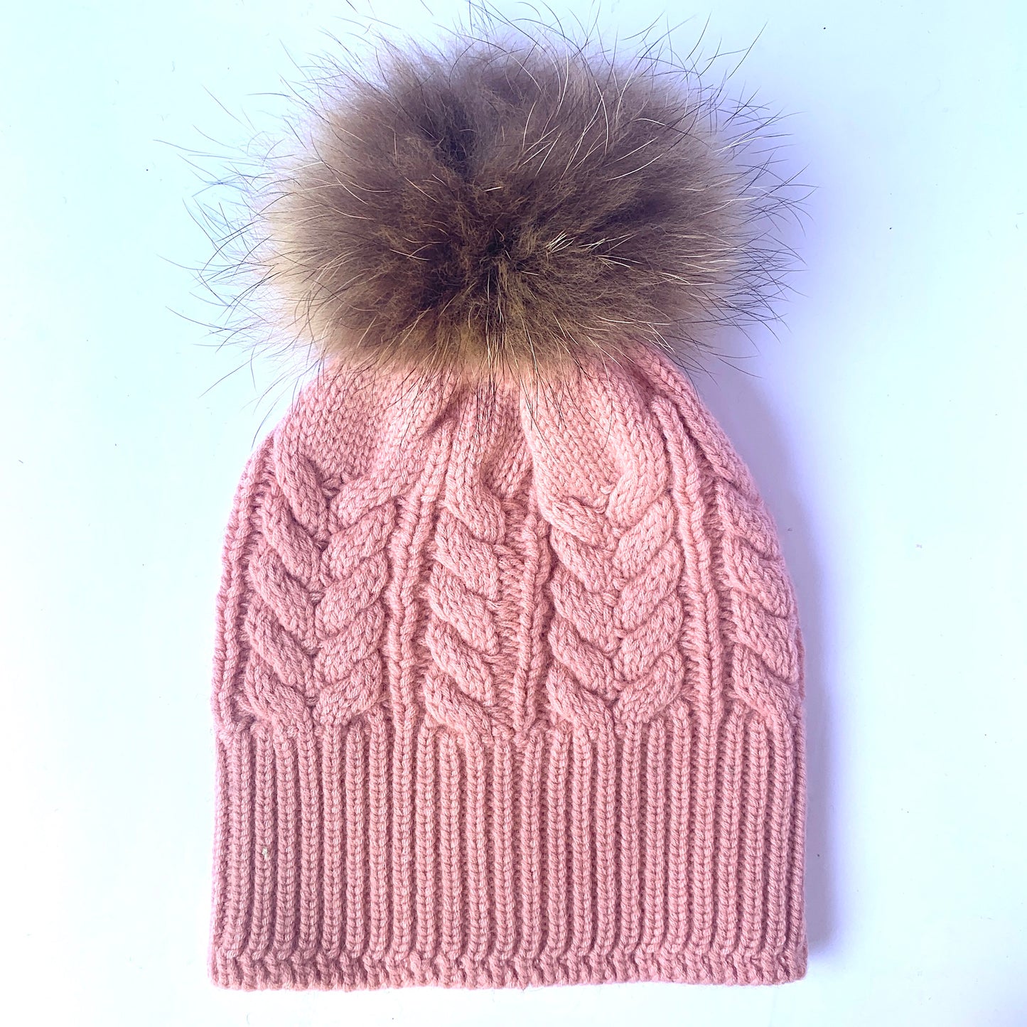 Absolutely. I'M in! 100% Pure Merino Wool Jumbo Cable Beanie with detachable Raccoon Fur Pom Pom, Crumble