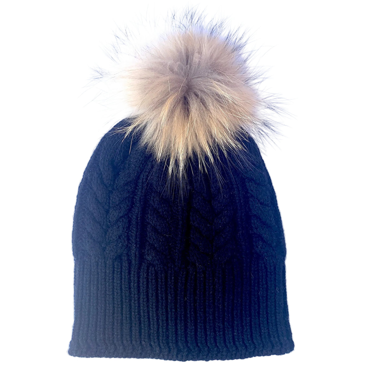 Absolutely I'm In Jett Black 100% pure Merino wool jumbo cable beanie with detachable raccoon fur pom pom