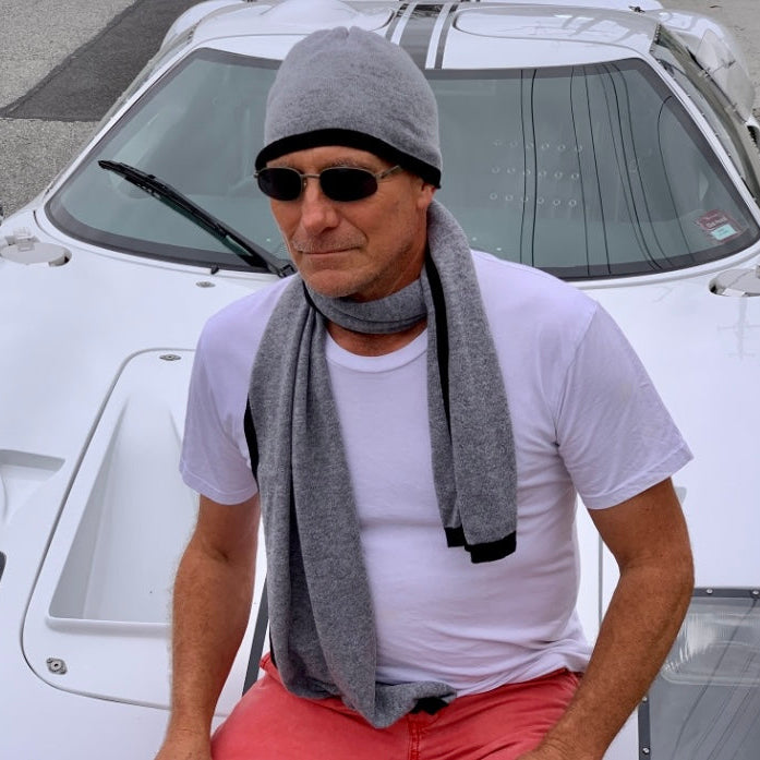I'm WRAPPED Marle Grey pure cashmere scarf with contrasting Jett Black border