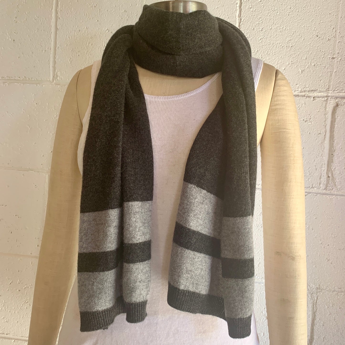 CROSS the line 100% Pure Cashmere Tonal Duo Trim Stripe Scarf, Pressed Metal Grey