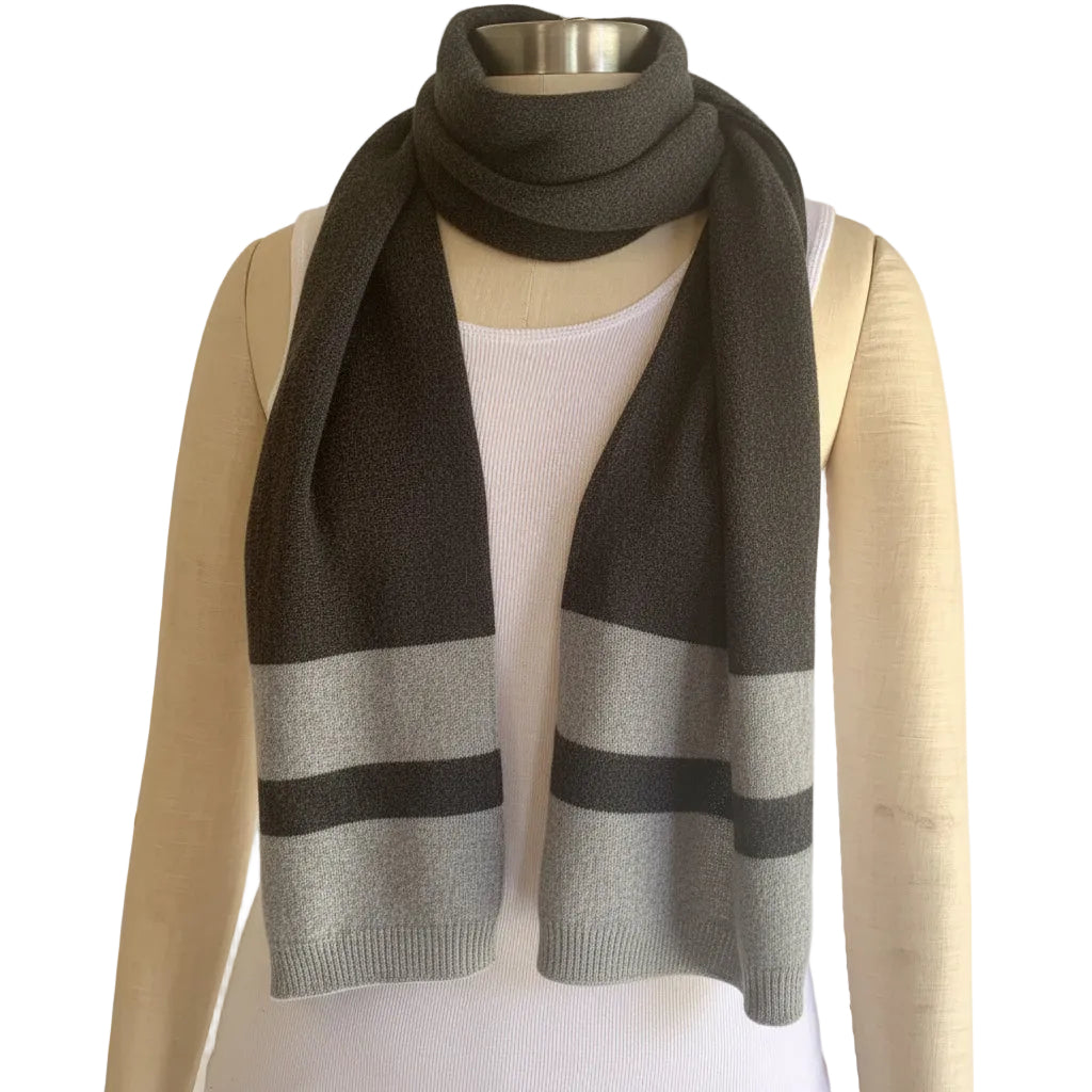 CROSS the line Pressed Metal Grey cashmere scarf with Marle Grey double stripe detail