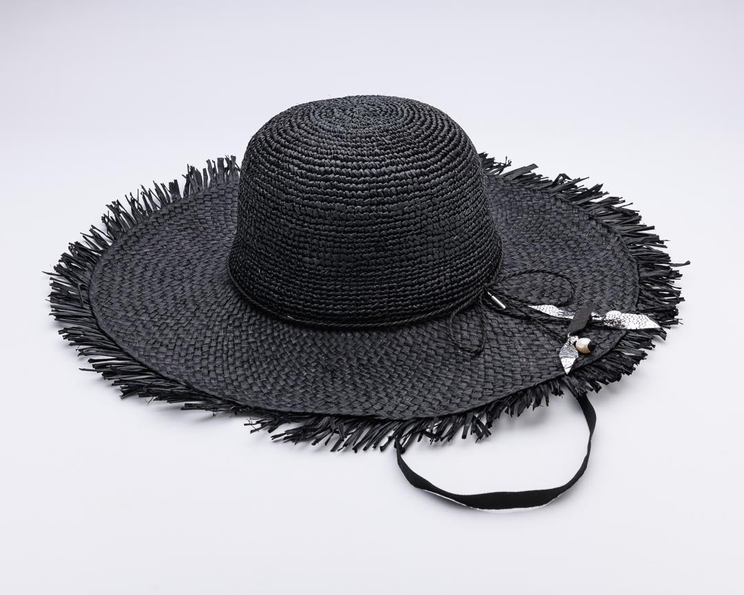 DREAM BIG, Handwoven Raffia Fibre and Freshwater Pearls Hat - UPF 50+, BLACK