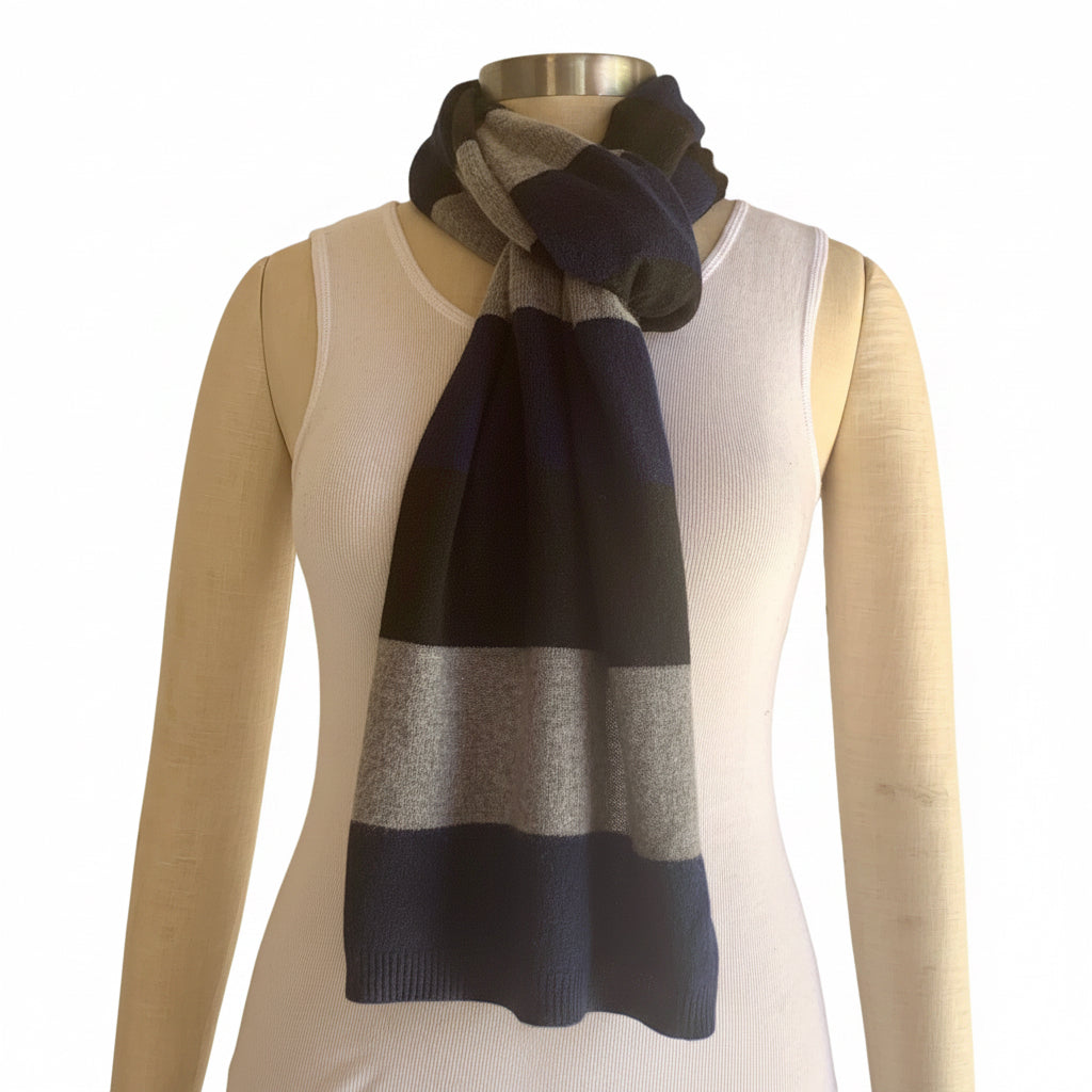 Earnt YOUR Stripes French Navy Marle Grey and Jett Black cashmere scarf with bold stripe detail