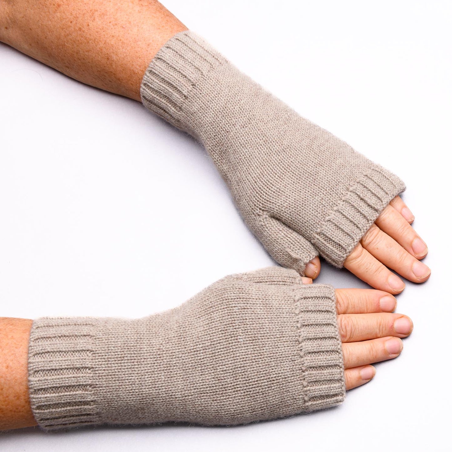 Hands UP! Rib and Jersey Sustainable Pure Merino Wool Fingerless Glove, Biscuit