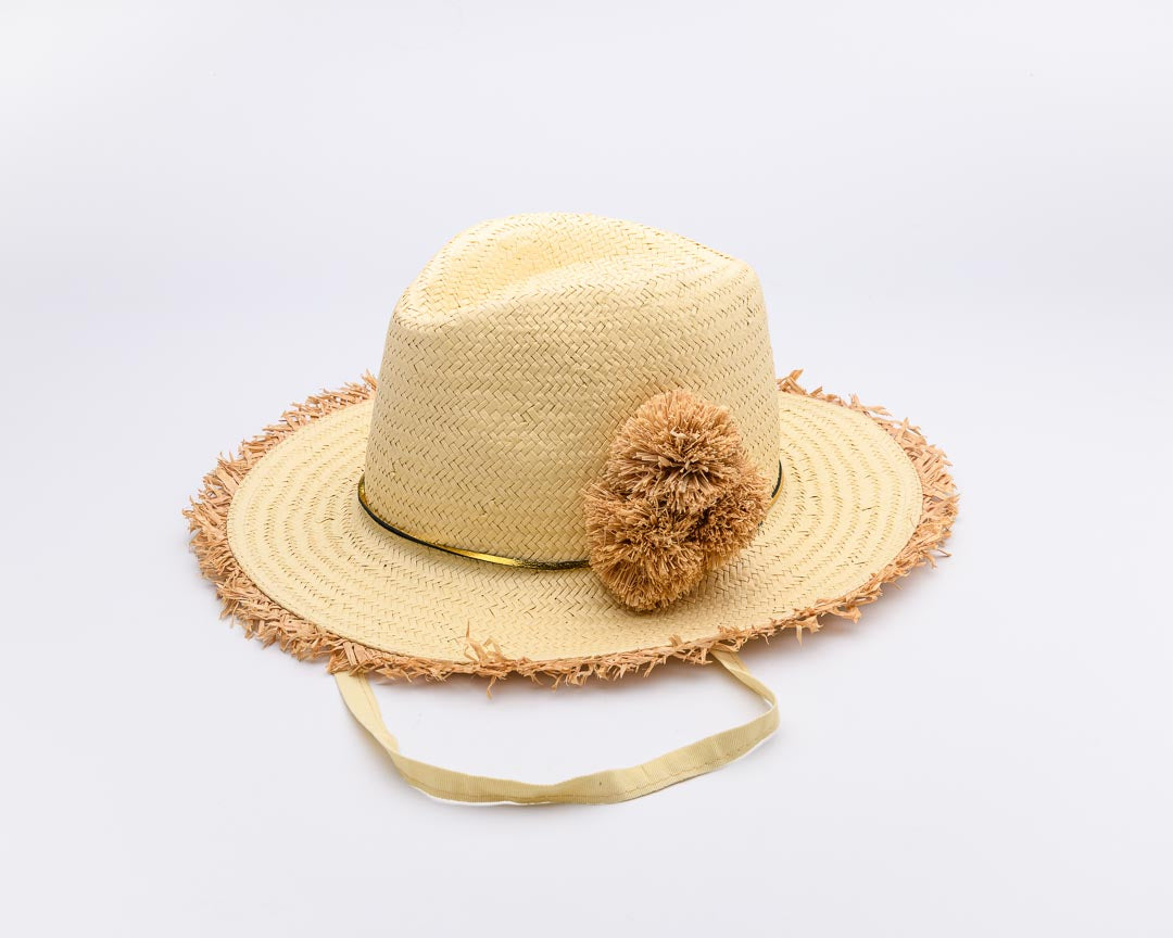 HAPPY on the Fringe, Handwoven Paper Hat - Natural/ Gold UPF 50+