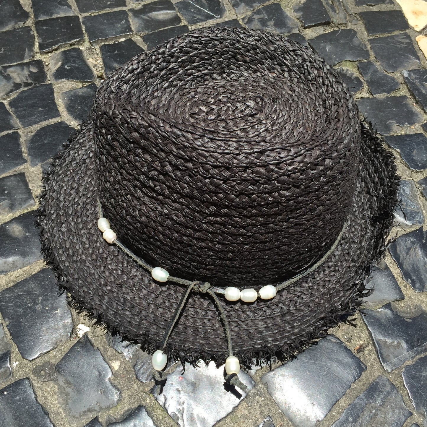 Girly PEARLY, Raffia Fibre with Handcut Fringing and Fresh Water Pearls Hat