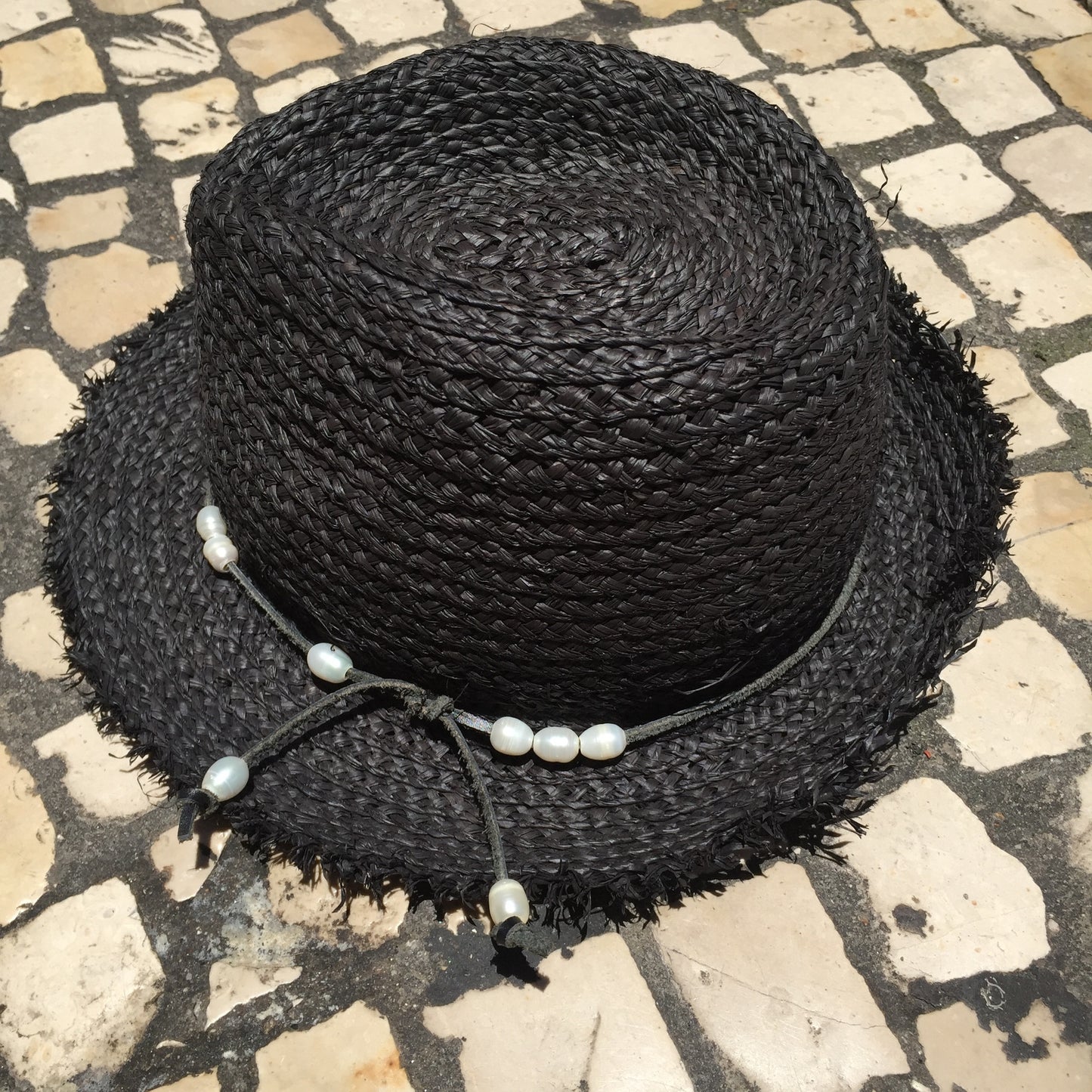 Girly PEARLY, Raffia Fibre with Handcut Fringing and Fresh Water Pearls Hat