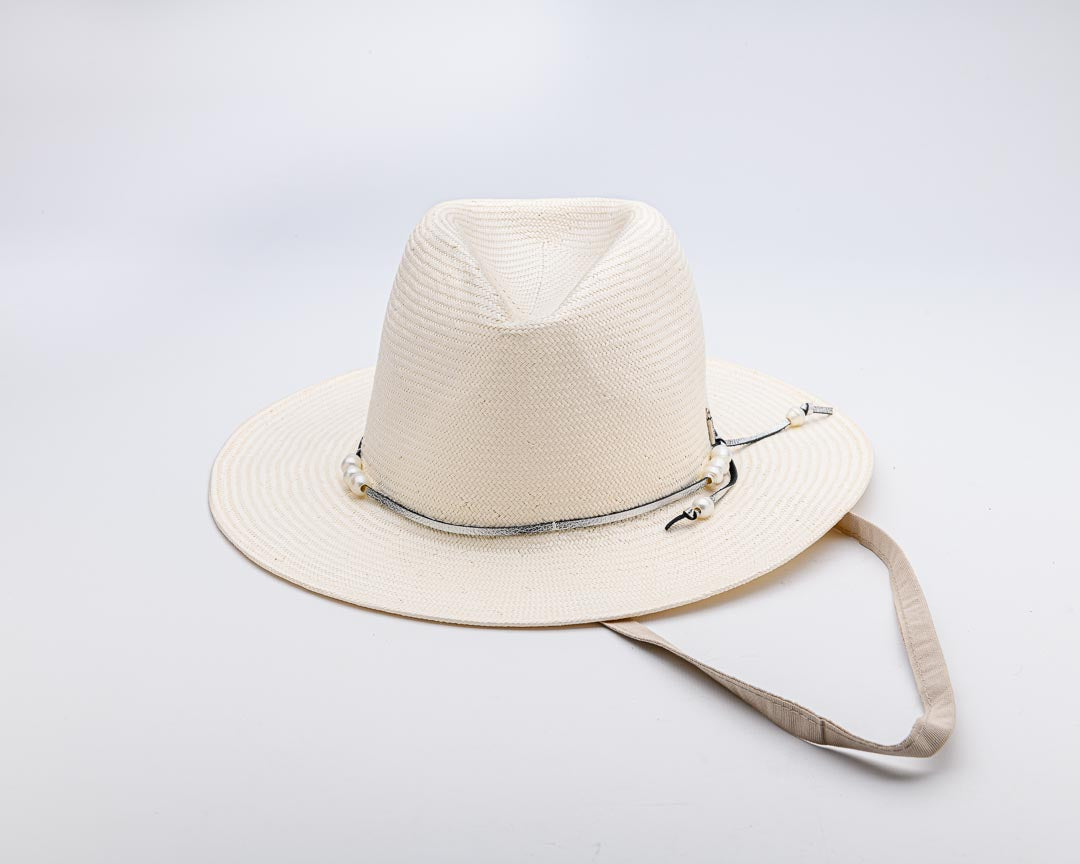 Island LUXE DELUXE, Handwoven Waxed Paper Hat with Genuine Leather and Fresh Water Pearls - UPF 50+