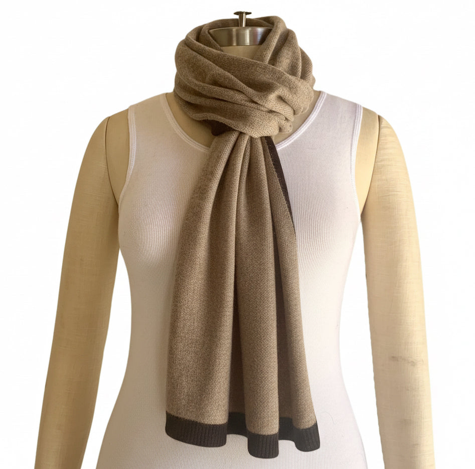 I'm WRAPPED Donkey Brown pure cashmere scarf with contrasting Jett Black border
