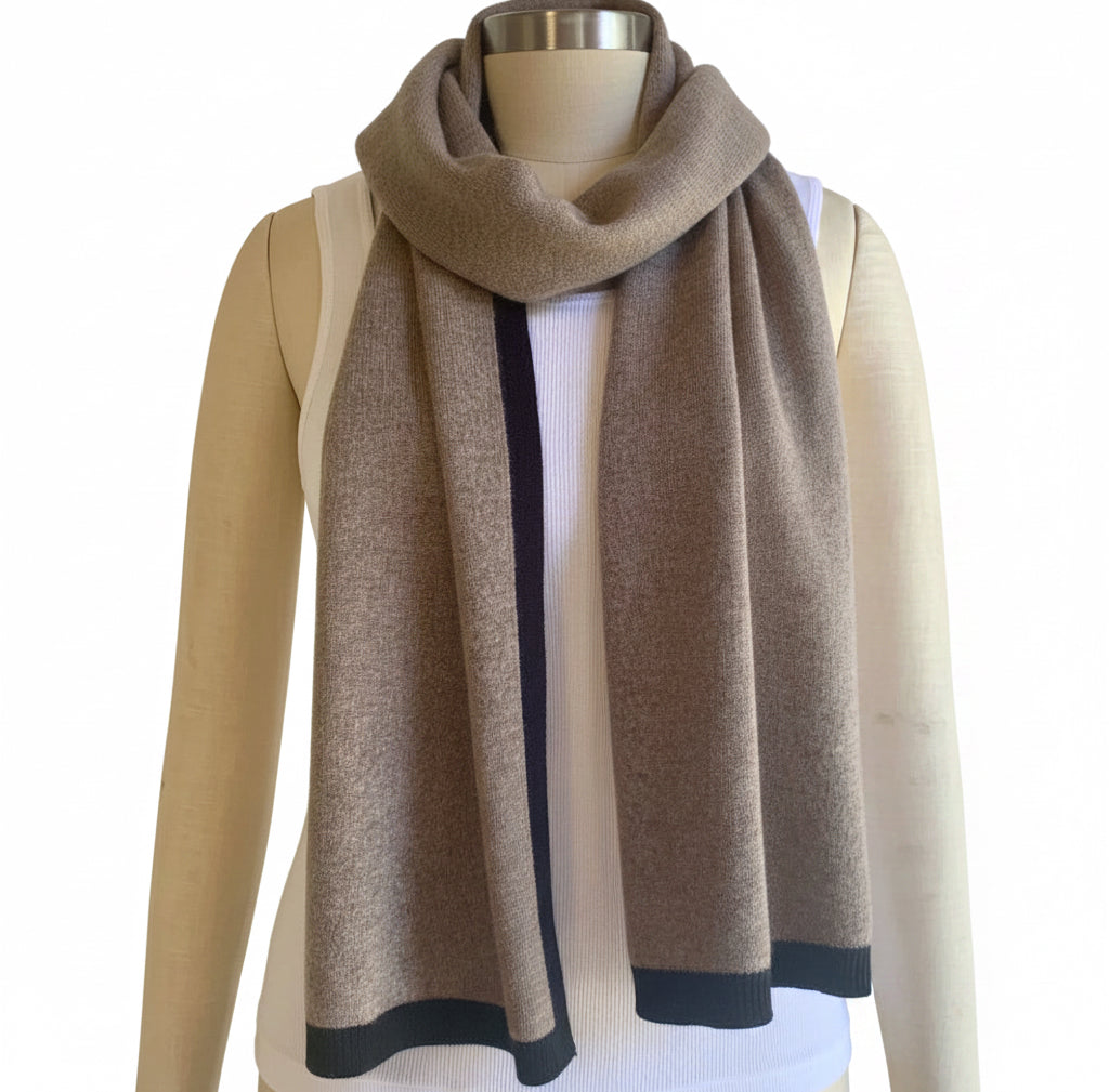 I'm WRAPPED Donkey Brown pure cashmere scarf with contrasting Jett Black border