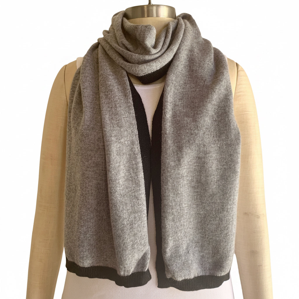 I'm WRAPPED Marle Grey cashmere border scarf worn with Jett Black trim