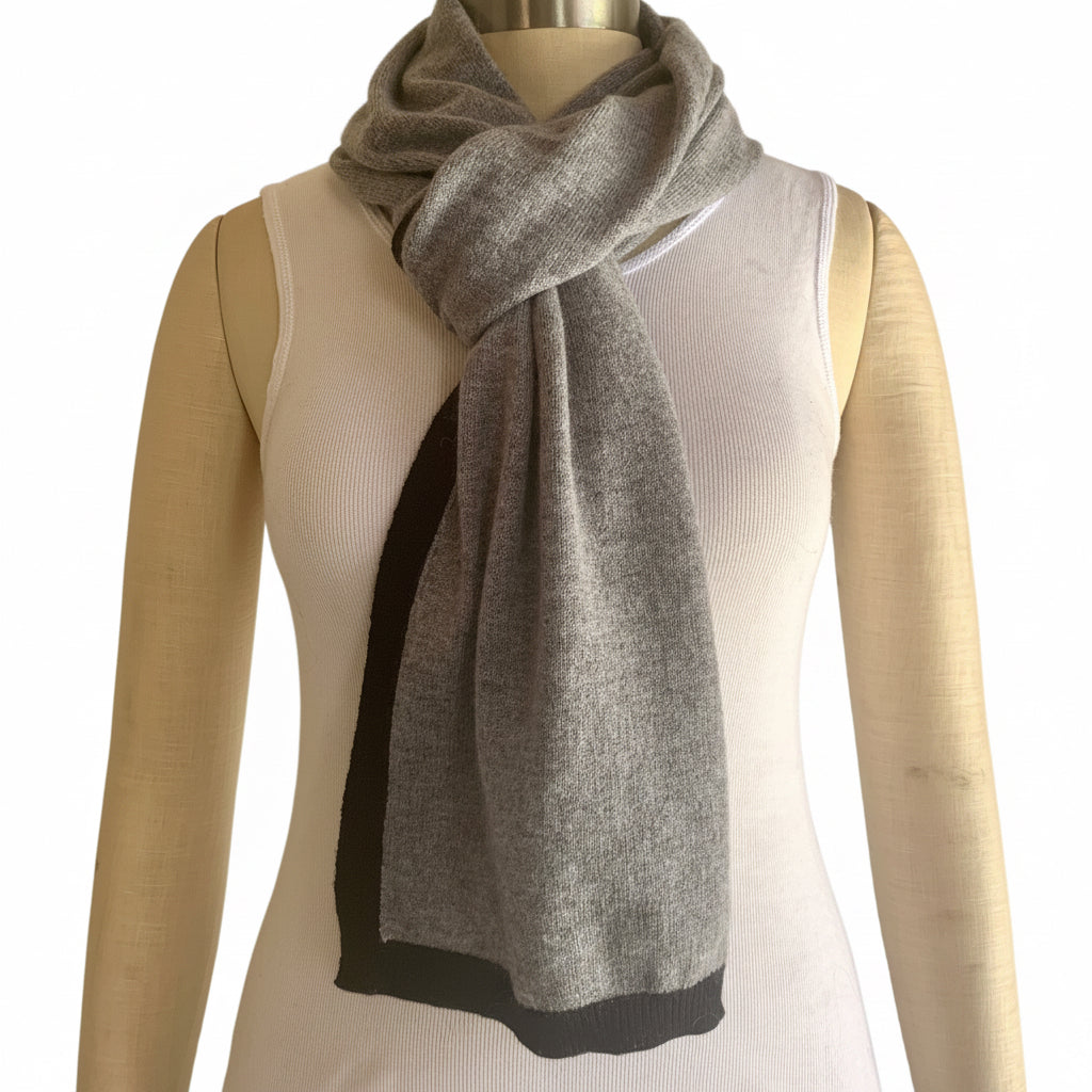 I'm WRAPPED Marle Grey cashmere border scarf worn with Jett Black trim