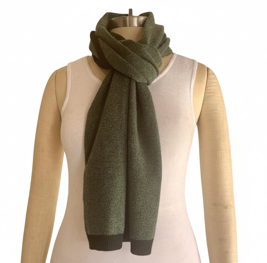 I'm WRAPPED Pine Green cashmere border scarf worn with Jett Black trim