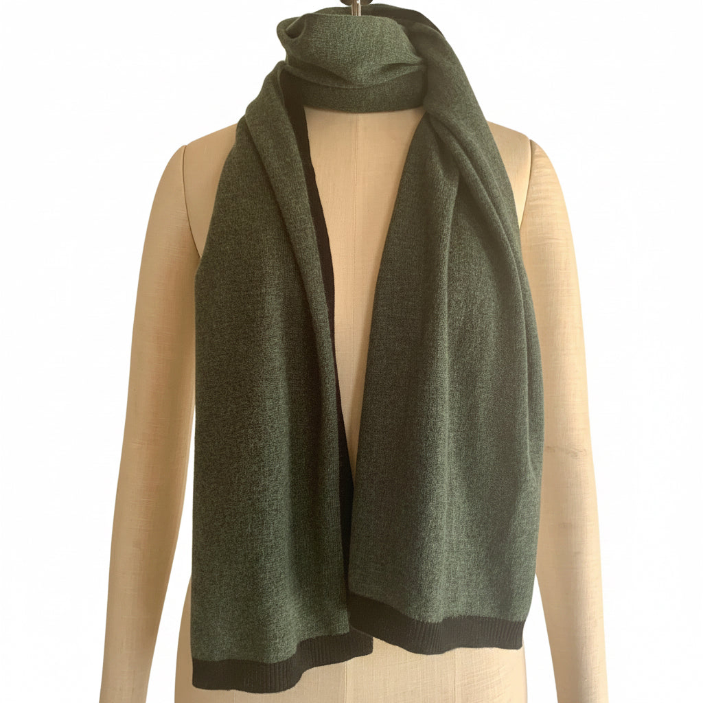 I'm WRAPPED Pine Green cashmere border scarf worn with Jett Black trim