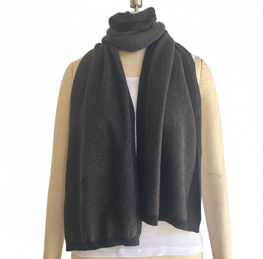 I'm WRAPPED Pressed Metal Grey pure cashmere scarf worn with a neutral outfit